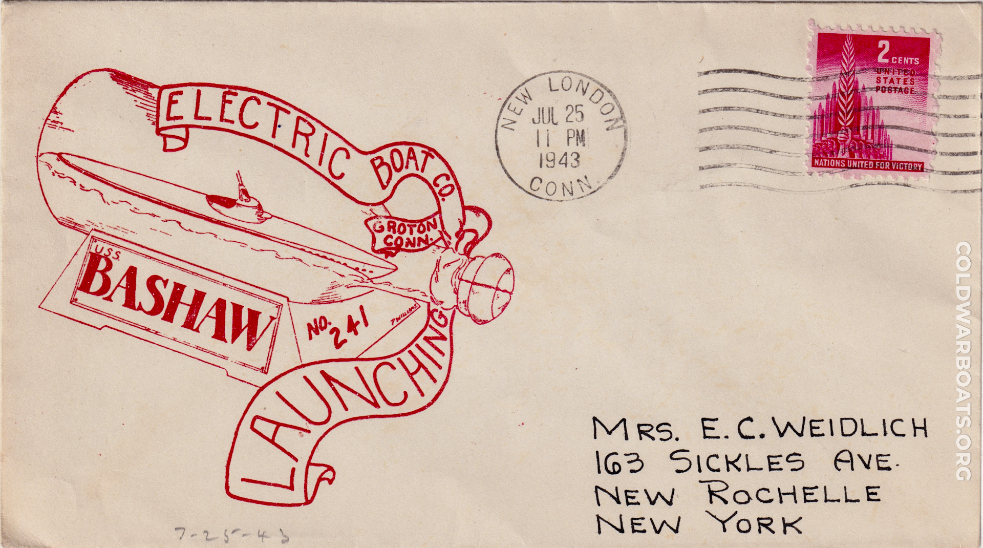 Cover commemorating the launching of the USS BASHAW (SS 241) on 25 JUL 1943.