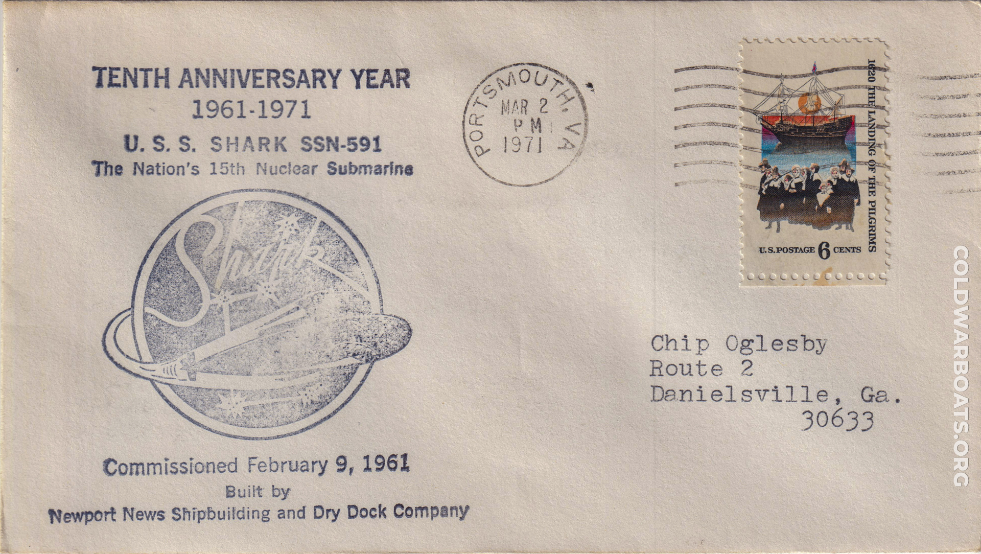 Cover commemorating the 10th anniversary of the commissioning of the USS SHARK (SSN 591) on 09 FEB 1971.