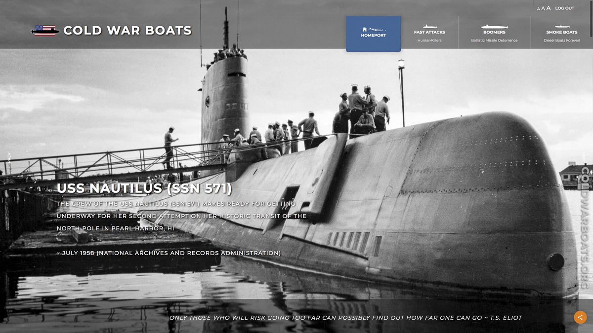A screen shot of the landing page of the Cold War Boats website Invites you to re-connect with shipmates and be a part of preserving Cold War boat history.