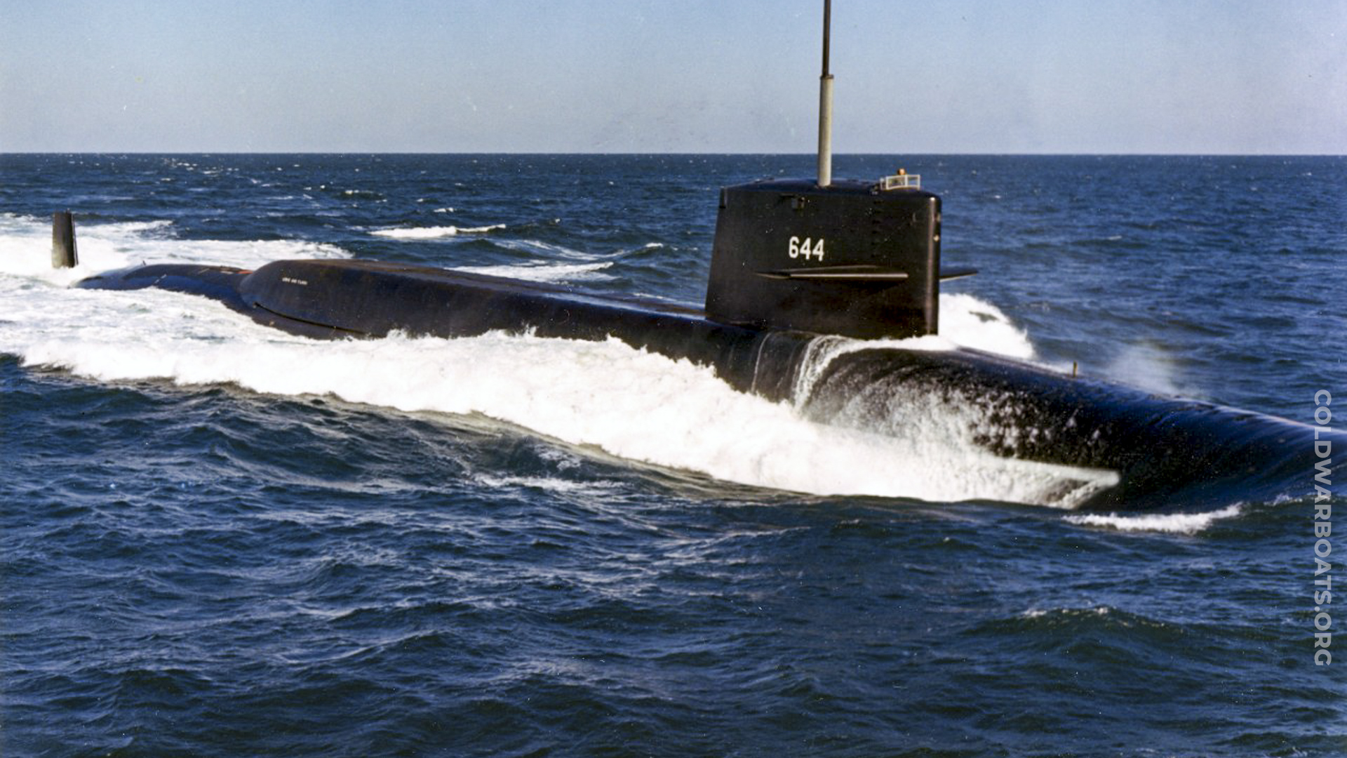 The USS LEWIS AND CLARK (SSBN 644) cuts a wake early in sea trials.