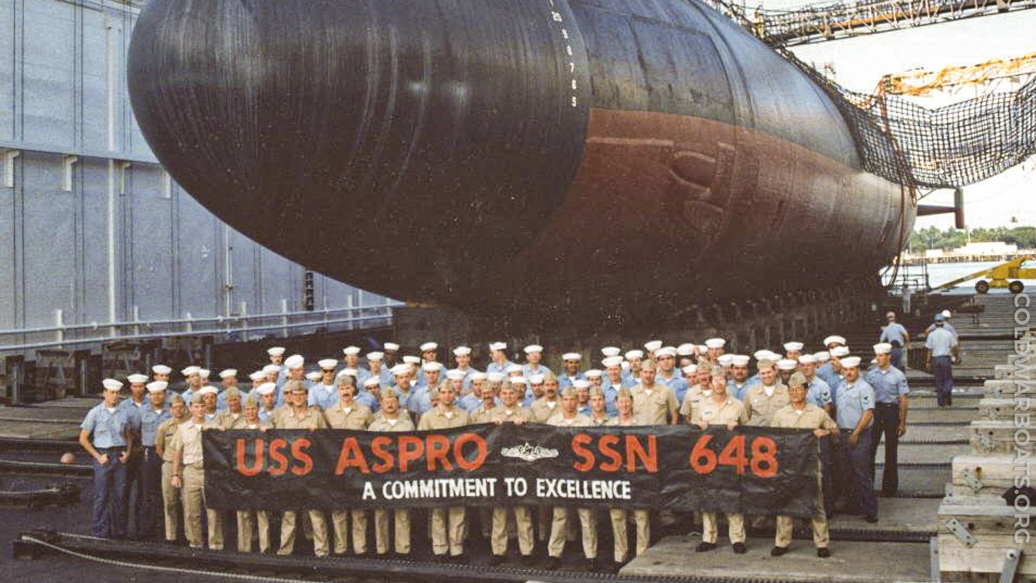 USS ASPRO (SSN 648) and crew in drydock, Pearl Harbor, HI